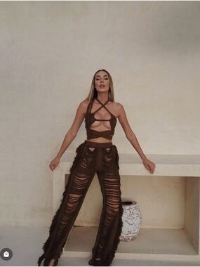 Thrifts + Threads Brown Fringe Sheer Pants & Wrap Crop Top Set